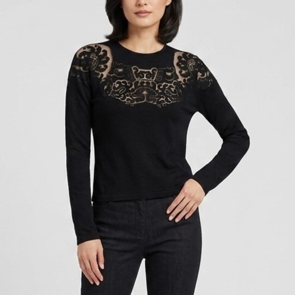 Vivienne Tam Vintage Y2K Wool Black Mesh Insert Long Sleeve Knit Top Size 3 Med